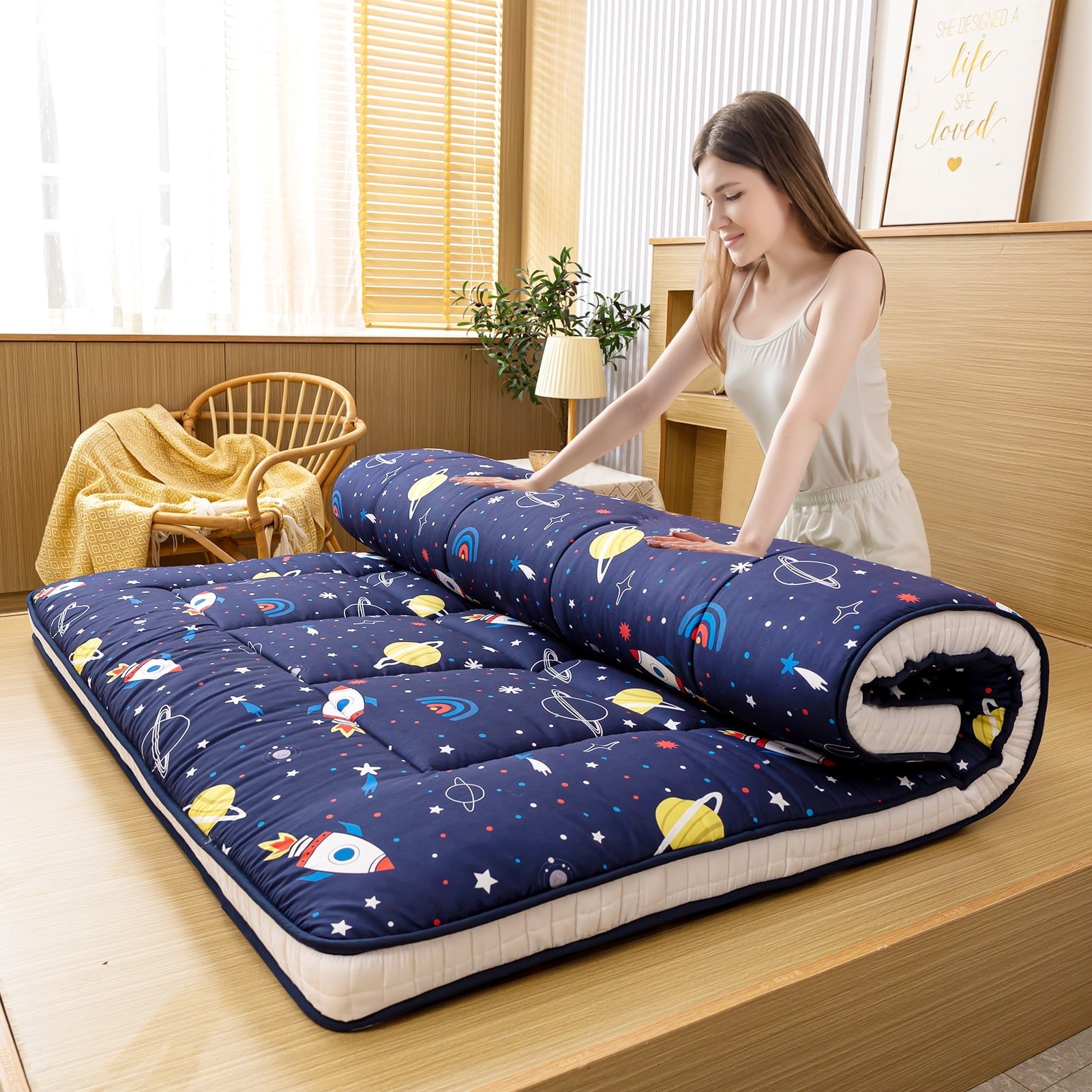 Thick Futon Floor Mattress, Memory foam Padded Japanese Floor Mattress, Navy Space, Twin