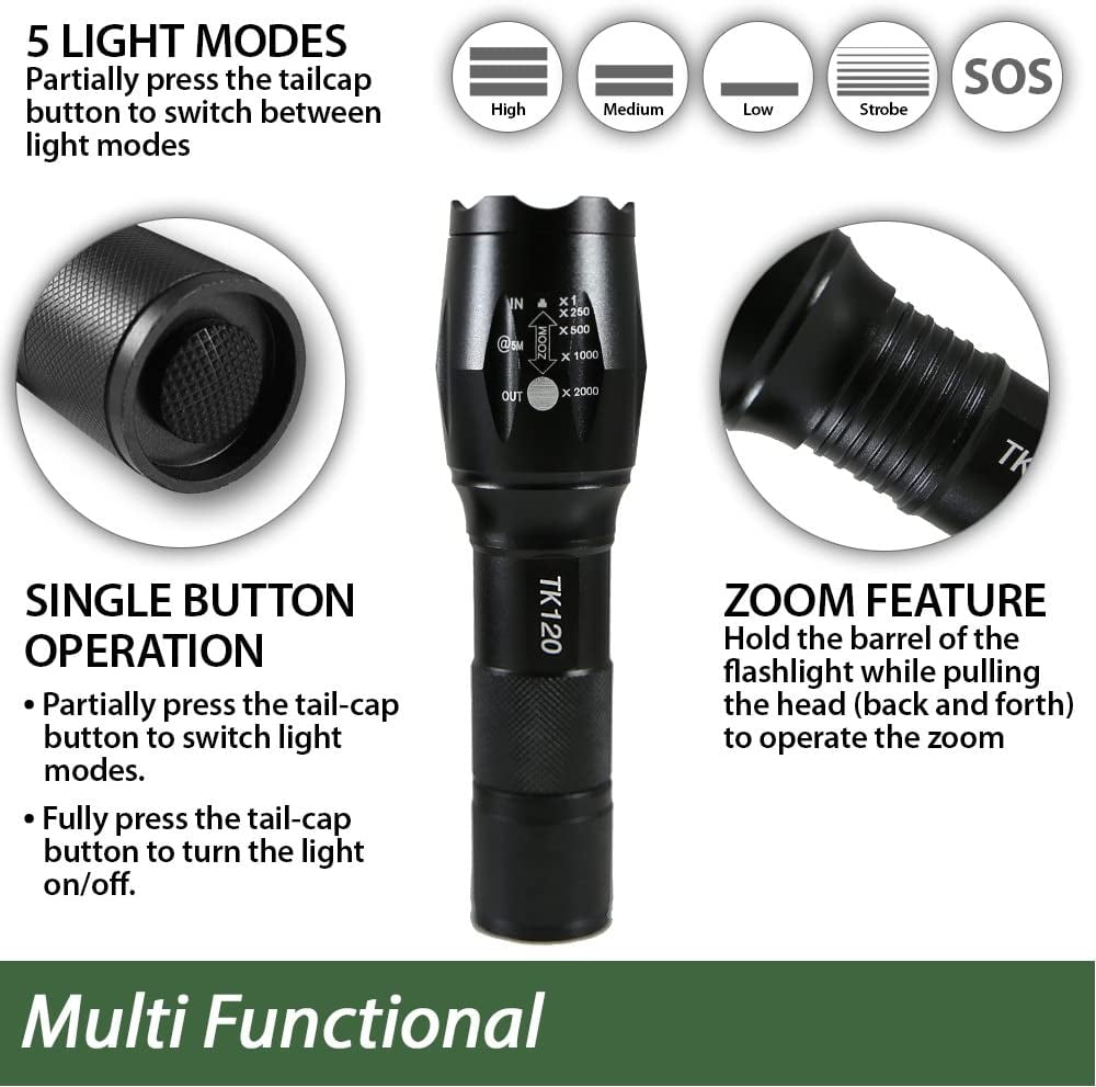 LED Tactical Flashlight - TK120 Handheld Light with 5 Light Modes, Water Resistant, Zoomable - Great Gifts for Men for Camping, Emergency, Everyday (2 Pack)
