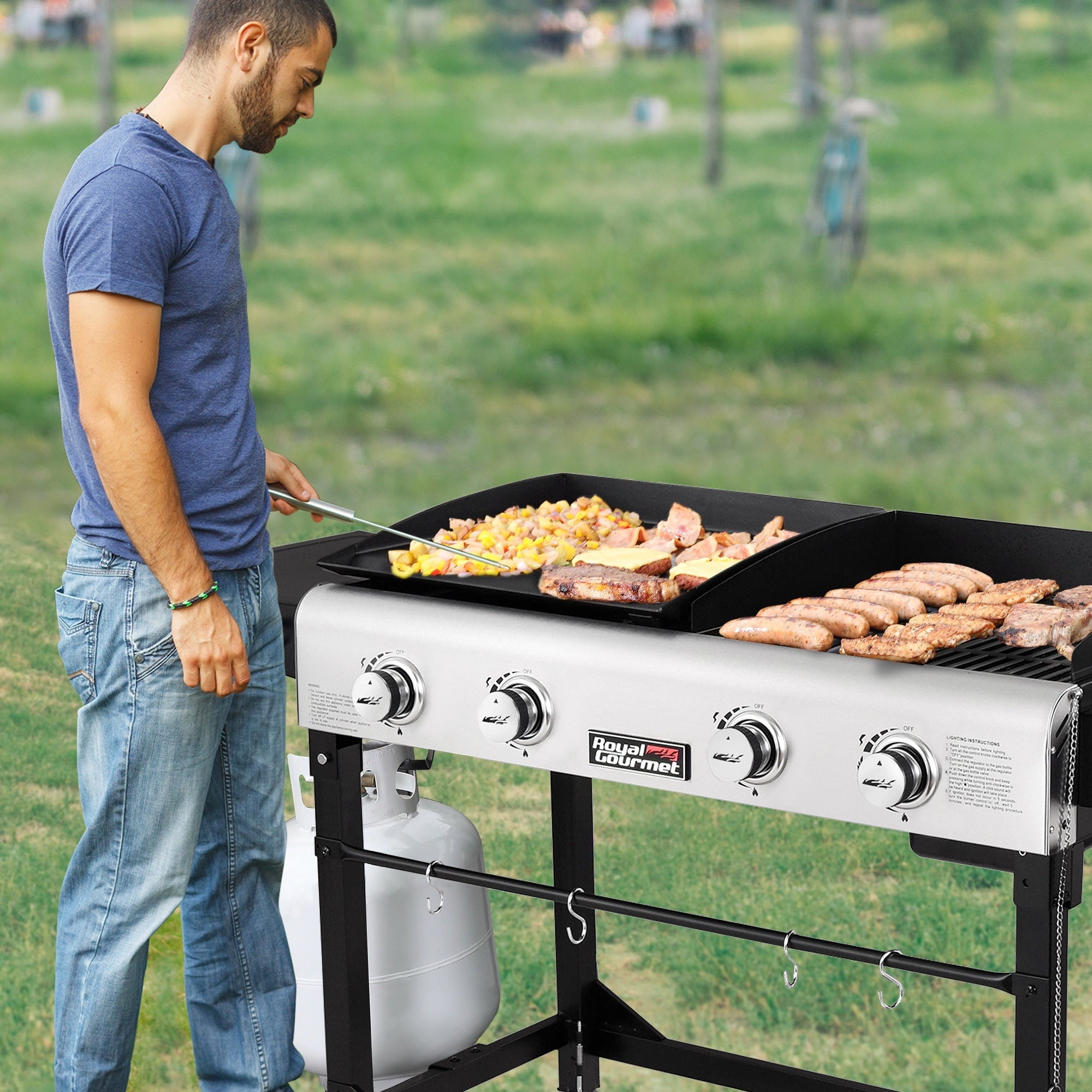 Gourmet 4-Burner GD401 Portable Flat Top Gas Grill and Griddle Combo with Folding Legs