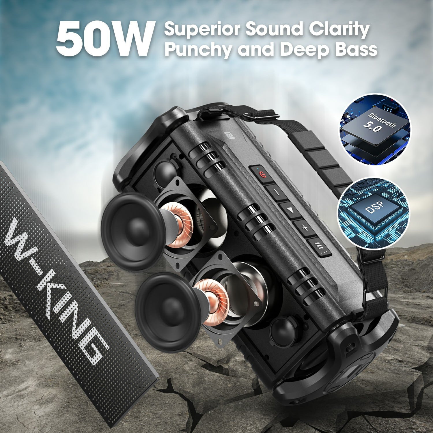 W-King 50W Bluetooth Speakers, IPX6 Waterproof, Deep Bass, 30H, TWS, Black