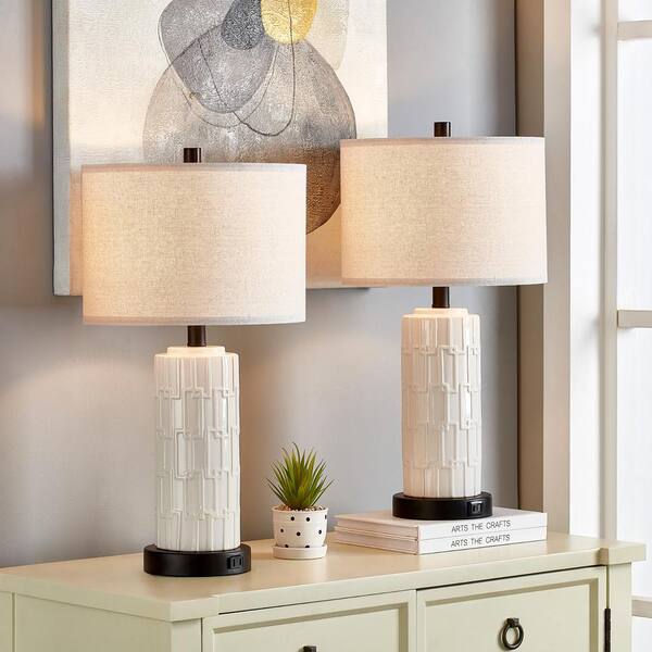 23 in. White Glazed Ceramics Table Lamp Set with Bulbs, Touch Control, Dual USB Ports and AC Outlet (Set of 2)