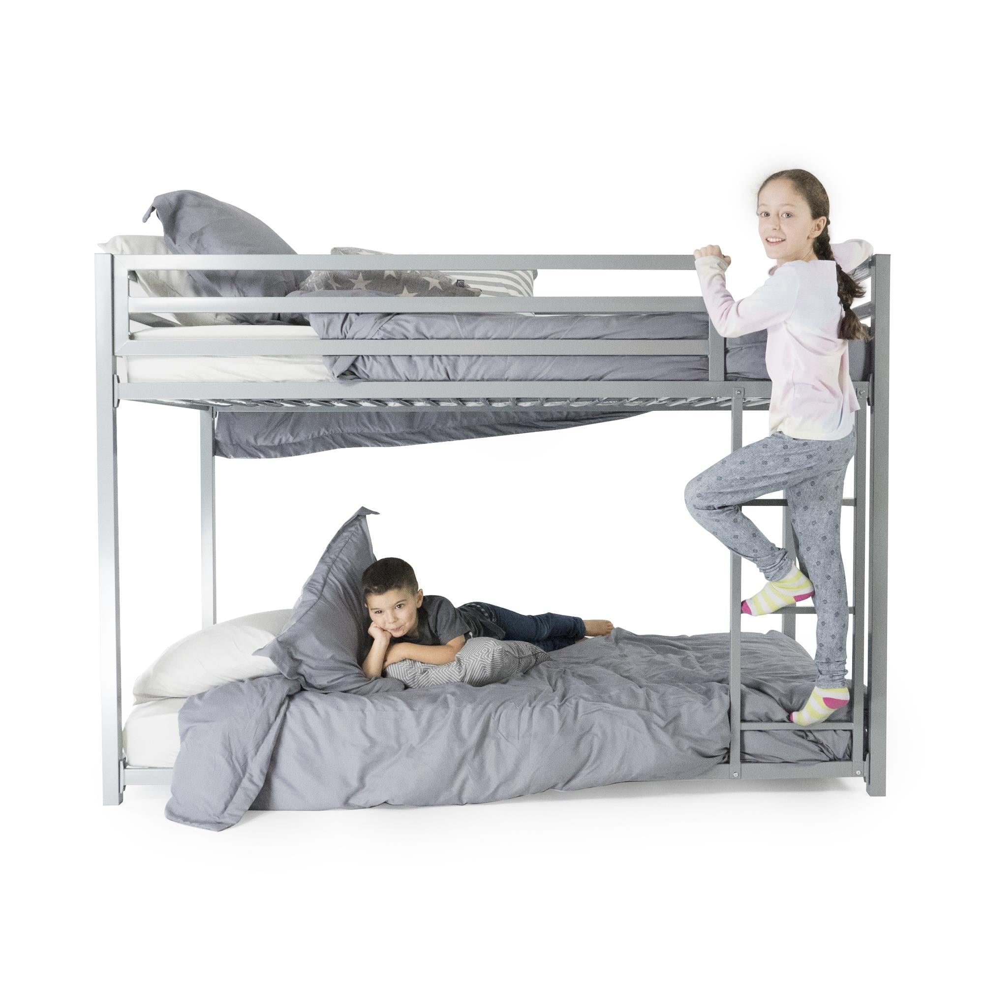 DHP Miles Low Bunk Bed for Kids, Twin Over Twin, Silver