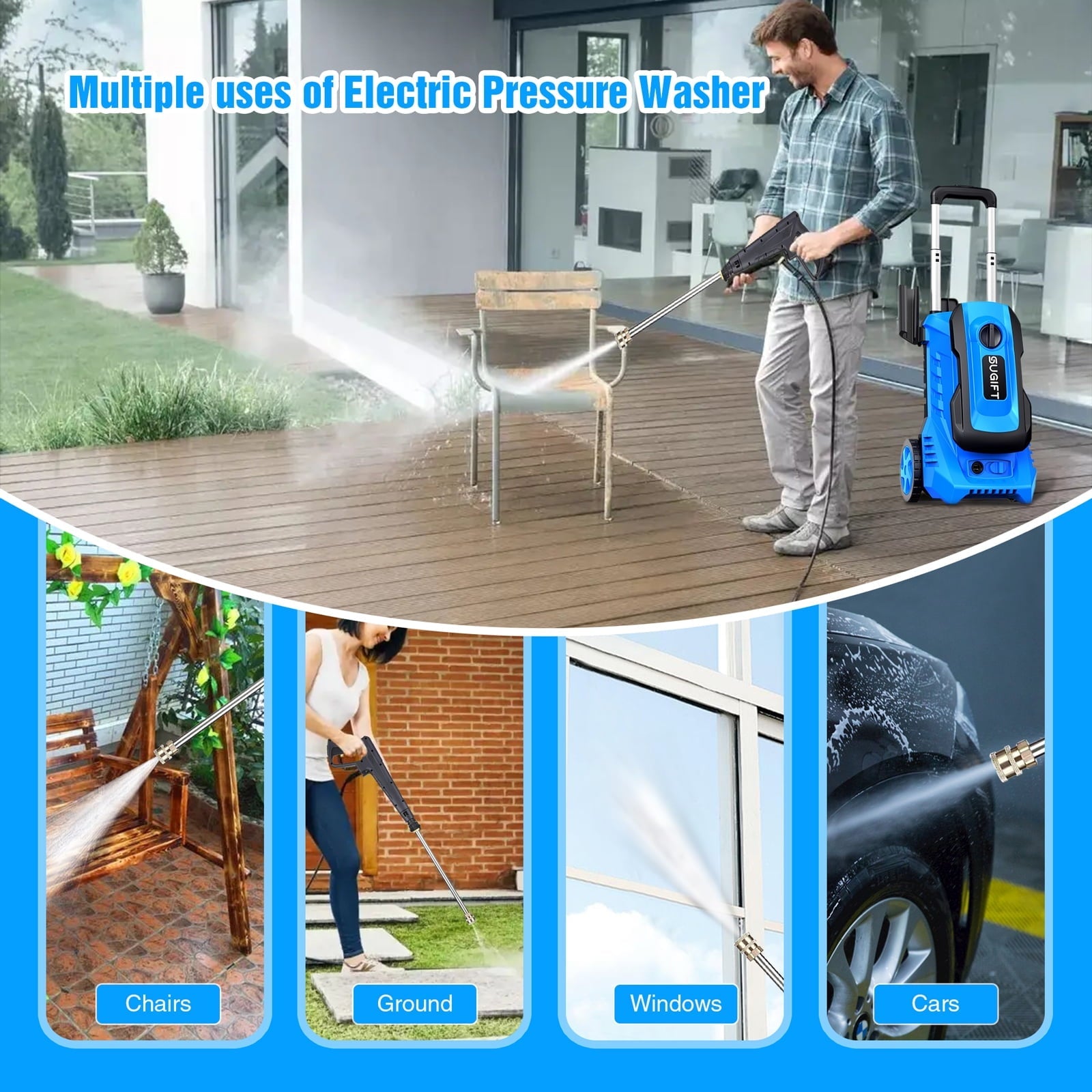 SUGIFT Electric Pressure Washer, 14.5-Amp, Pressure Select Technology, 3300 PSI Max, 2 GPM Max