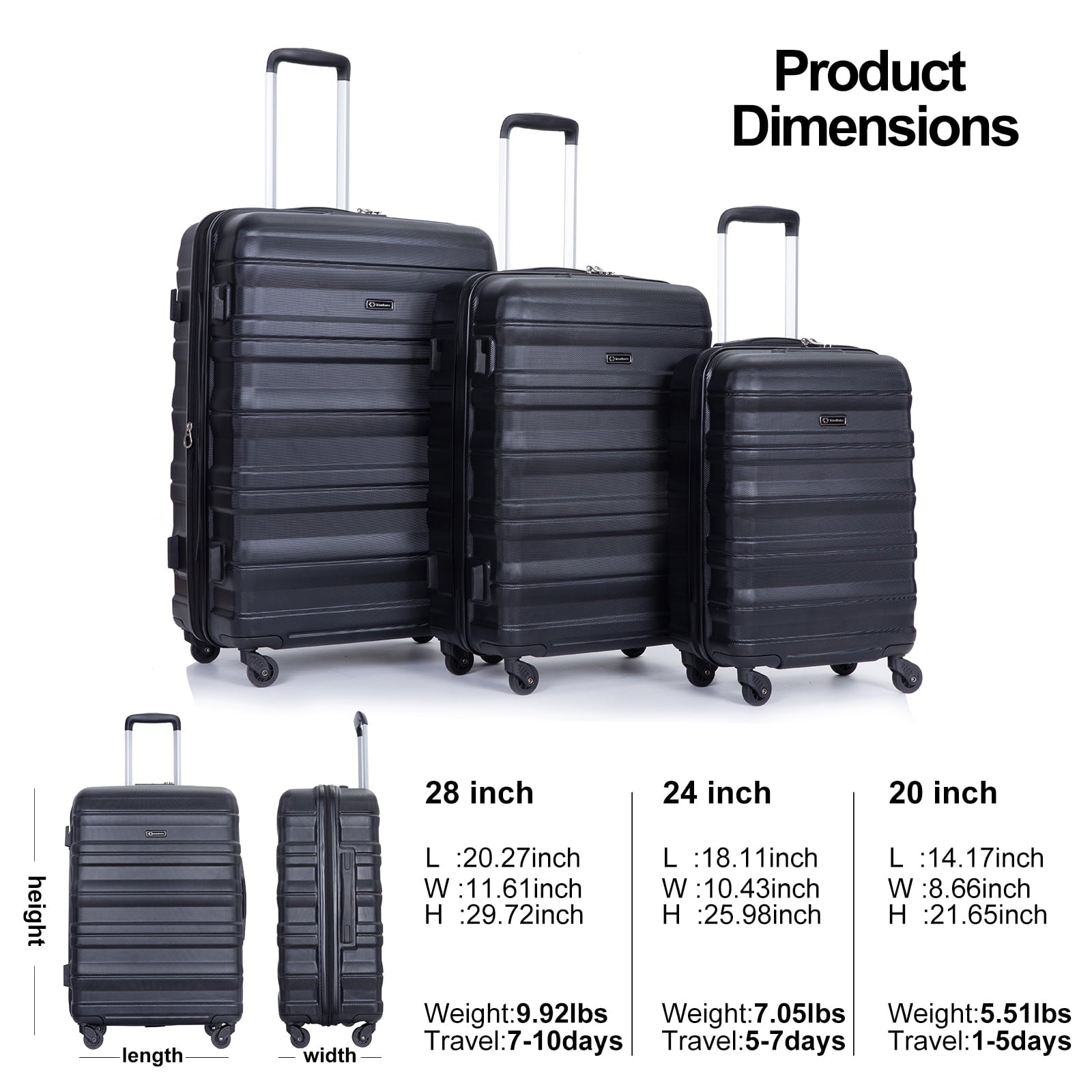 Tripcomp Hardshell Luggage Set 3-Piece Set (21/25/29) Lightweight Suitcase 4-Wheeled Travel Case (Black)