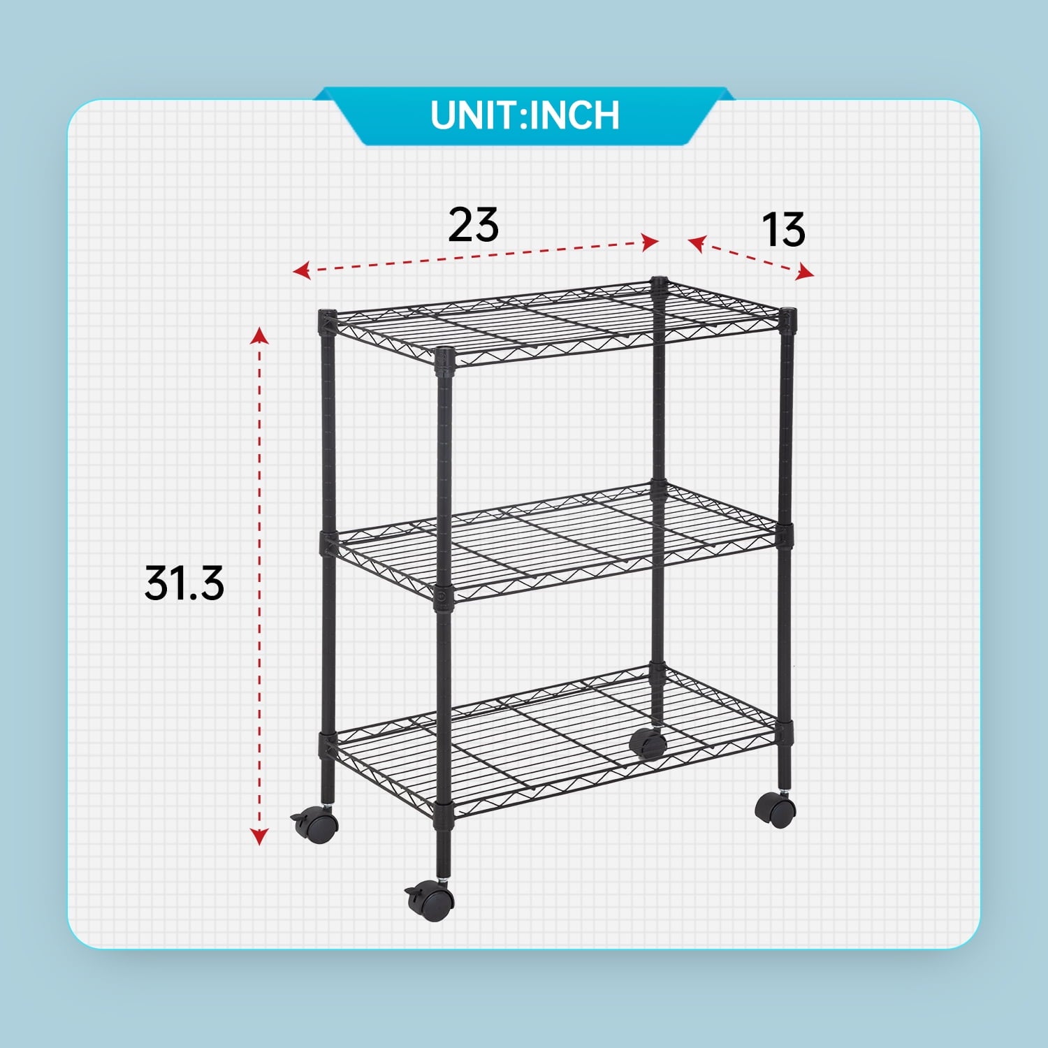 BestOffice 3-Shelf Steel Wire Tier Layer Shelving 23L x 13W x 32H Shelves with Wheels,Black