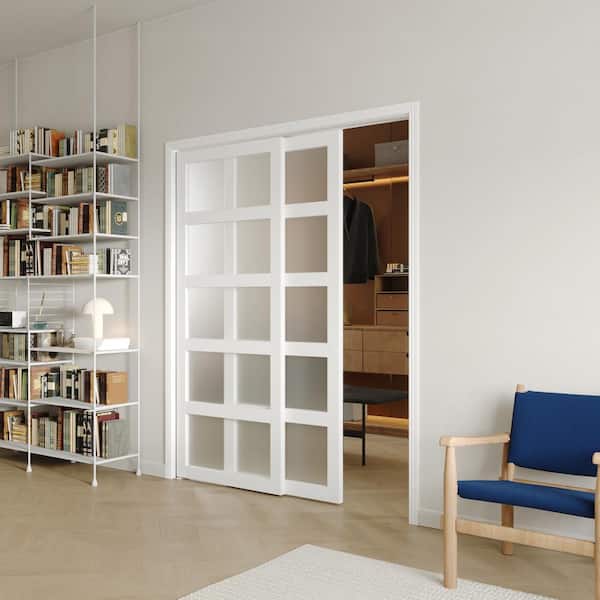 60 in. x 80 in., MDF wood, White Double Frosted 5 Panel Glass Sliding Door with All Hardware