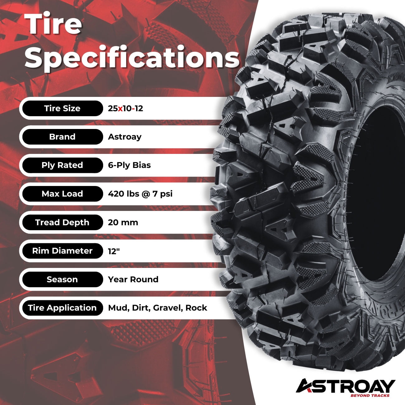 25 x 10 - 12 Astroay Knight Utility ATV/UTV Tire
