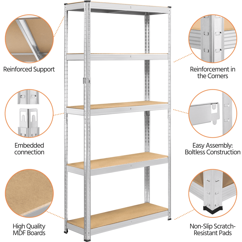 Smile Mart 5-Shelf Boltless & Adjustable Steel Storage Shelf Unit, Silver, Holds up to 386 lb Per Shelf