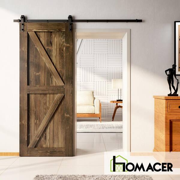 42 in. x 96 in. K-Frame Walnut Solid Natural Pine Wood Panel Interior Sliding Barn Door Slab with Frame