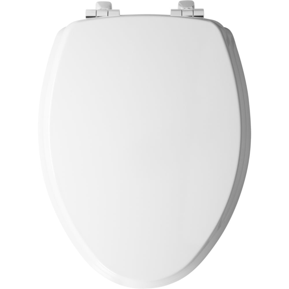 Mayfair Benton? Elongated Enameled Wood Toilet Seat in White with STA-TITE? Seat Fastening System? and Whisper•Close? Chrome Hinge