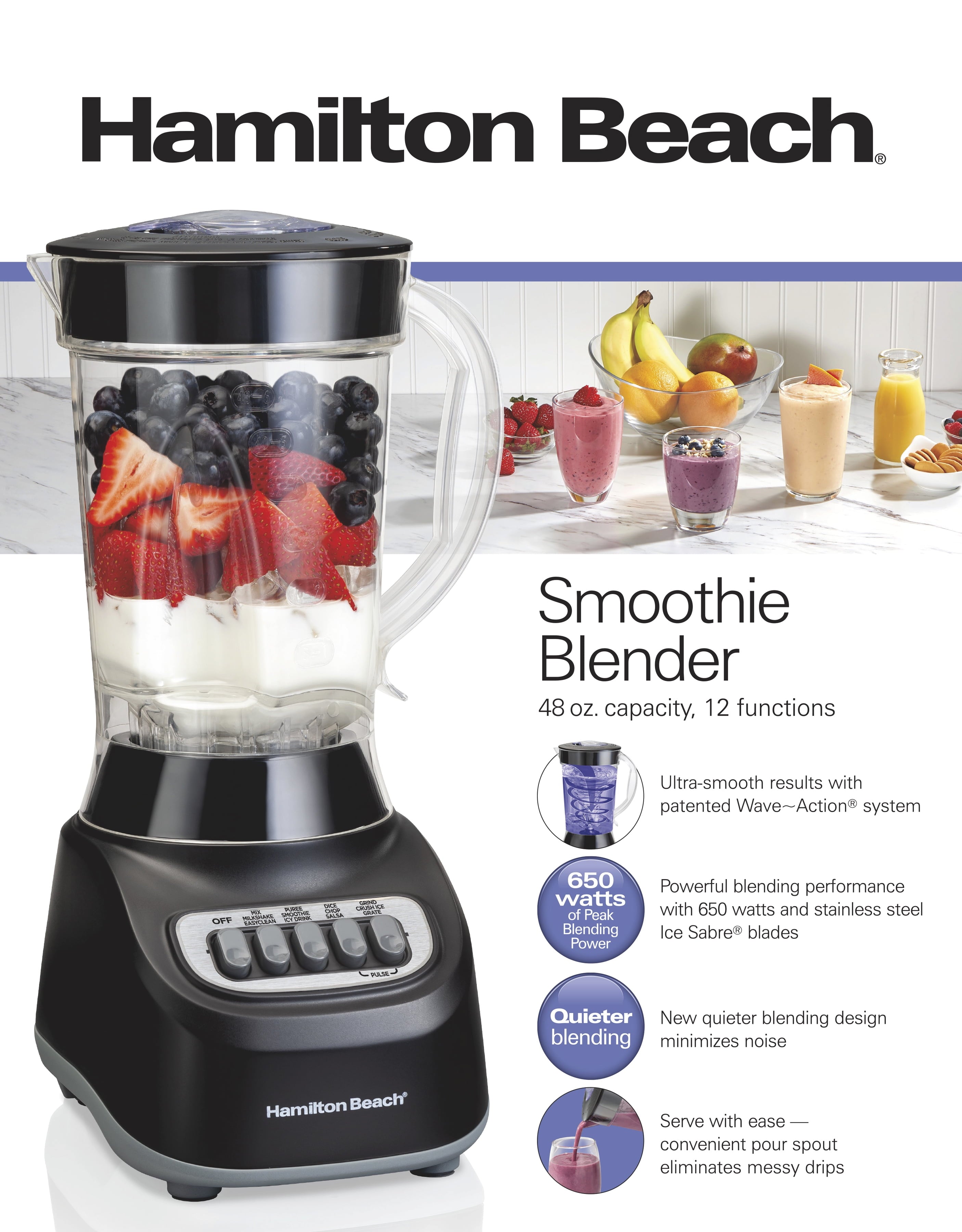 Hamilton Beach Smoothie Blender, 48 oz. Jar, 12 Blending Functions, Black, 50180F