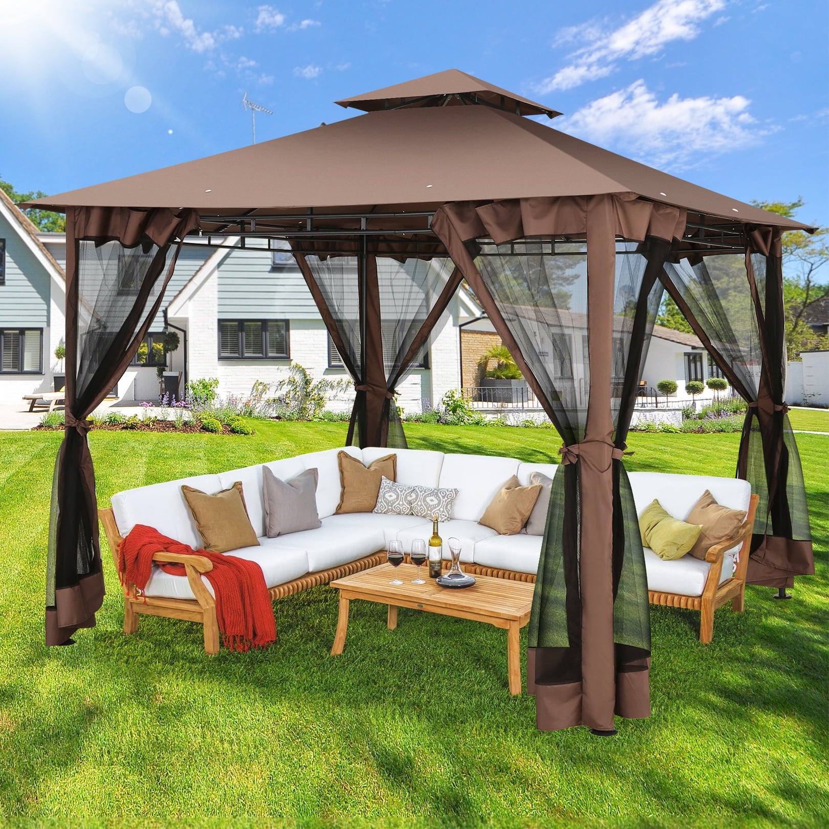 SANOPY 10' x10' Canopy Gazebo, Assembled Style Wrought Iron Gazebo Tent Can Accommodate 6-10 People with 4 Detachable Mosquito Net Side Walls, Rainproof&Sunproof Canopy Tent For Garden, Yard, Beach