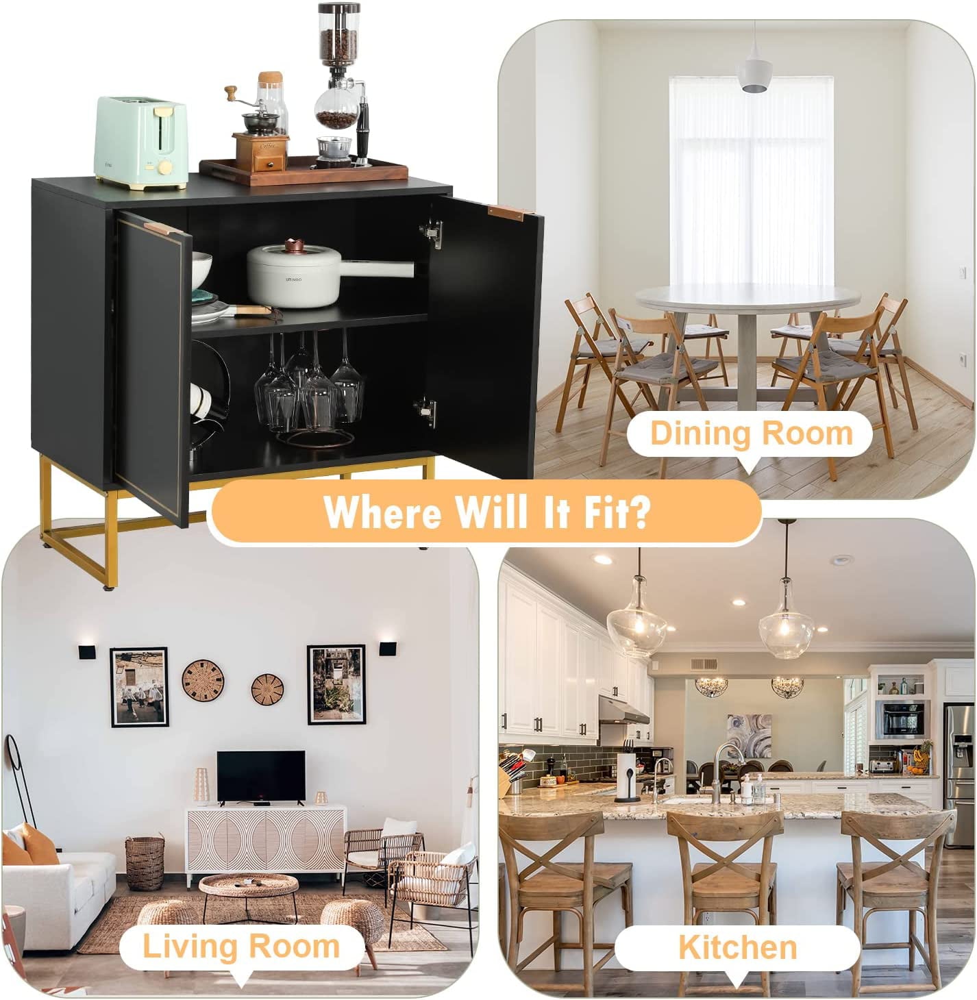 Yoleny 31'' Buffet Cabinet with Storage, Accent Cabinet with 2 Doors, Gold Trim and Golden Legs, Wooden Sideboard with Adjustable Shelf and Feet for Bedroom, Living Room, Kitchen, Hallway, Black