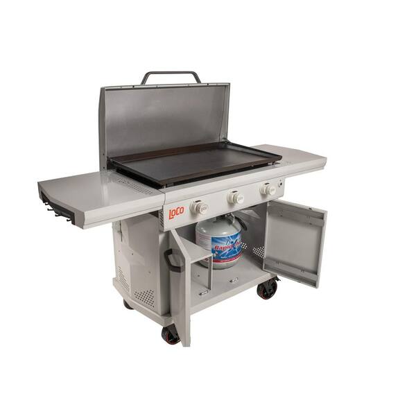 36 in. 3-Burner Propane Flat Top Grill / Griddle in Chalk Finish with Enclosed Cart and Hood