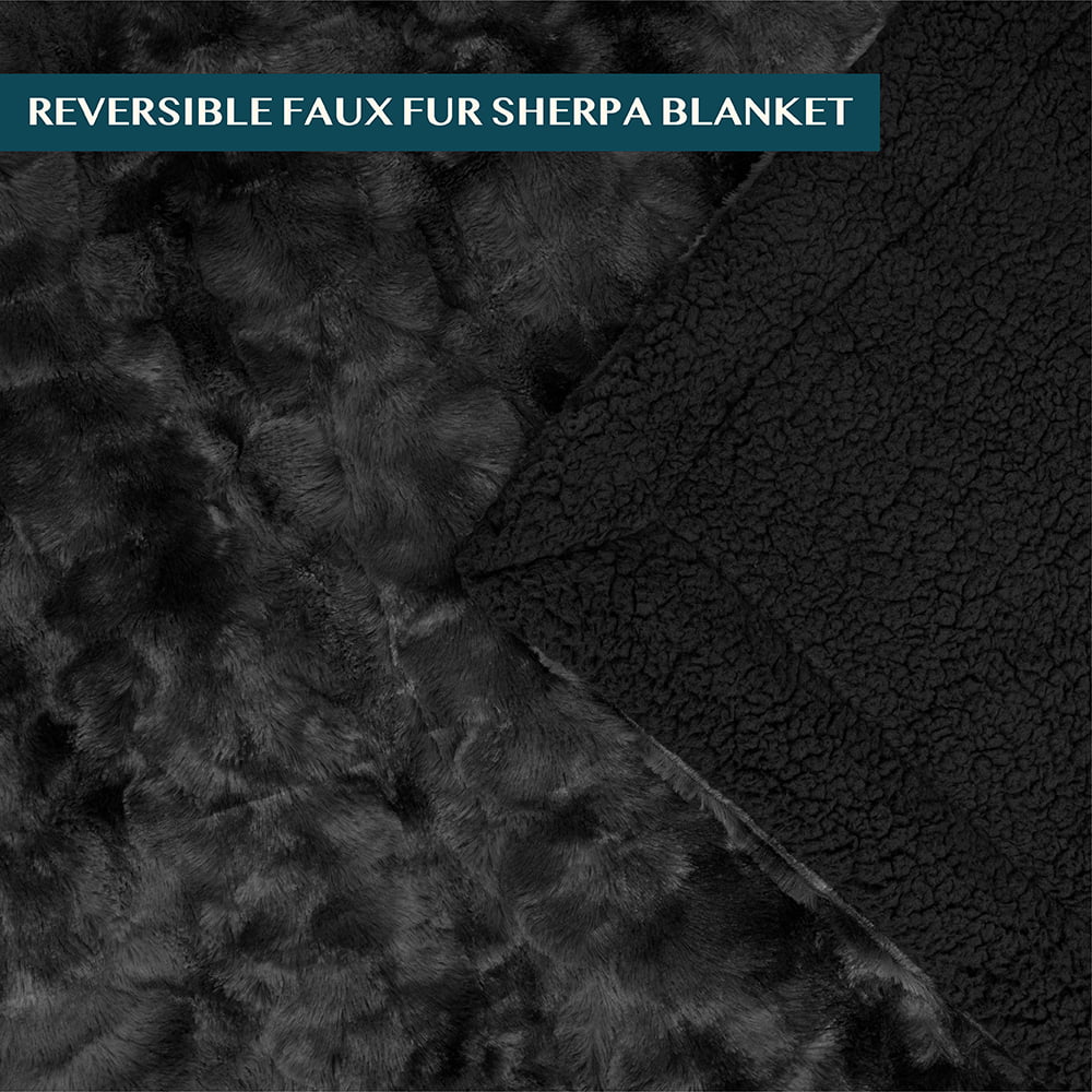 PAVILIA Faux Fur Queen Bed Blanket Tie-Dye Black, Soft Fuzzy Warm Sherpa Blanket for Bed, Fluffy Plush Thick Fleece Throw Blanket for Couch Sofa, Reversible Furry Shaggy Large Blanket, Black 90x90