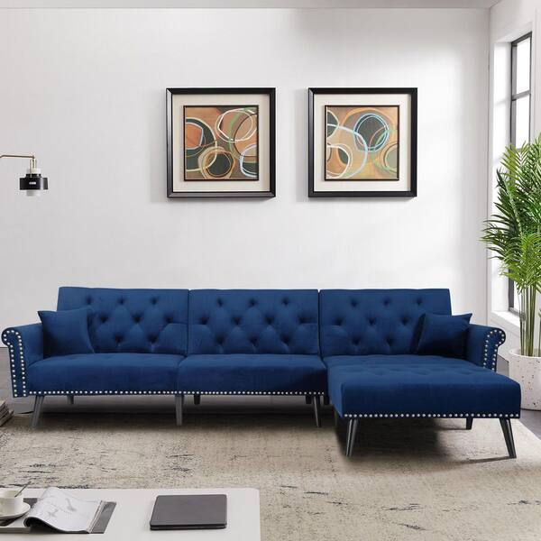 114.5 in.W 4-seater Navy Blue Velvet Tufted Futon Convertible Sofa Bed Sleeper