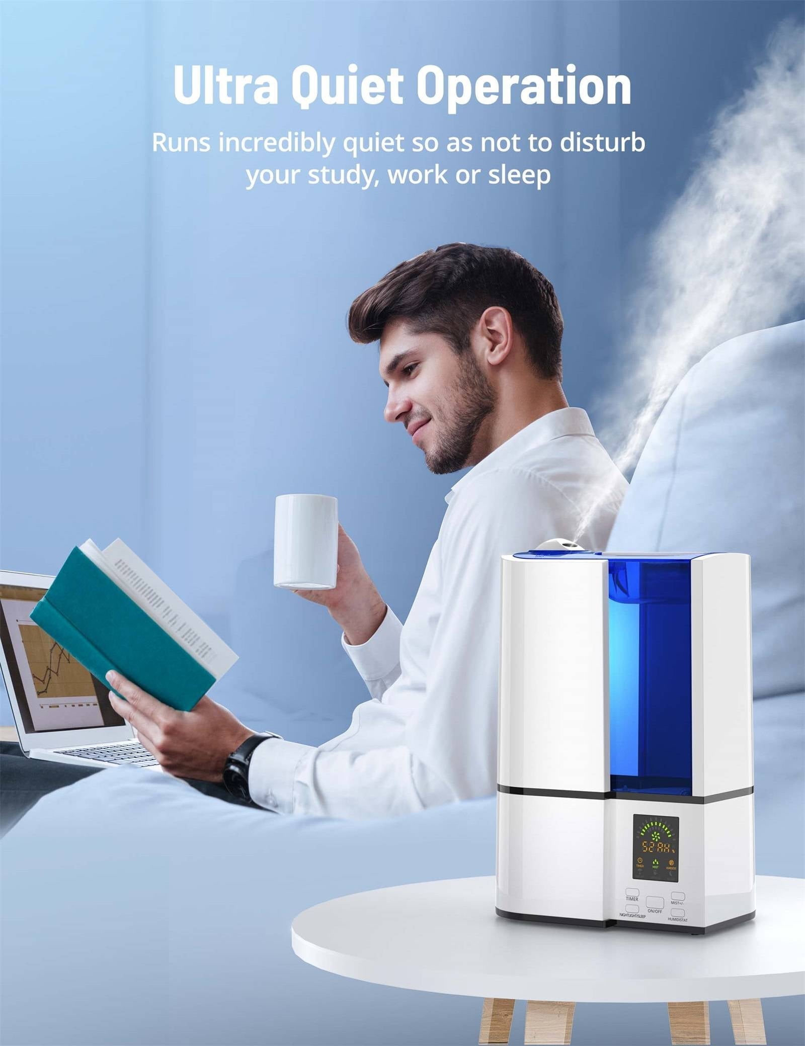 Humidifiers, 4L Cool Mist Ultrasonic Humidifier for Bedroom Home Large Room, LED Display With Humidistat, Waterless Auto Shut-Off Blue (1.06 Gallon, US 110V), White