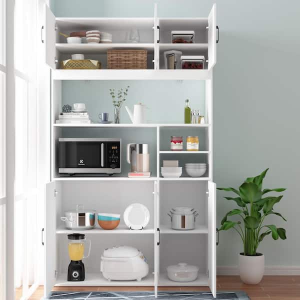 White Wooden Sideboard, Food Pantry, Wine Cabinet, Storage Cabinet with 12 Shelves in Total