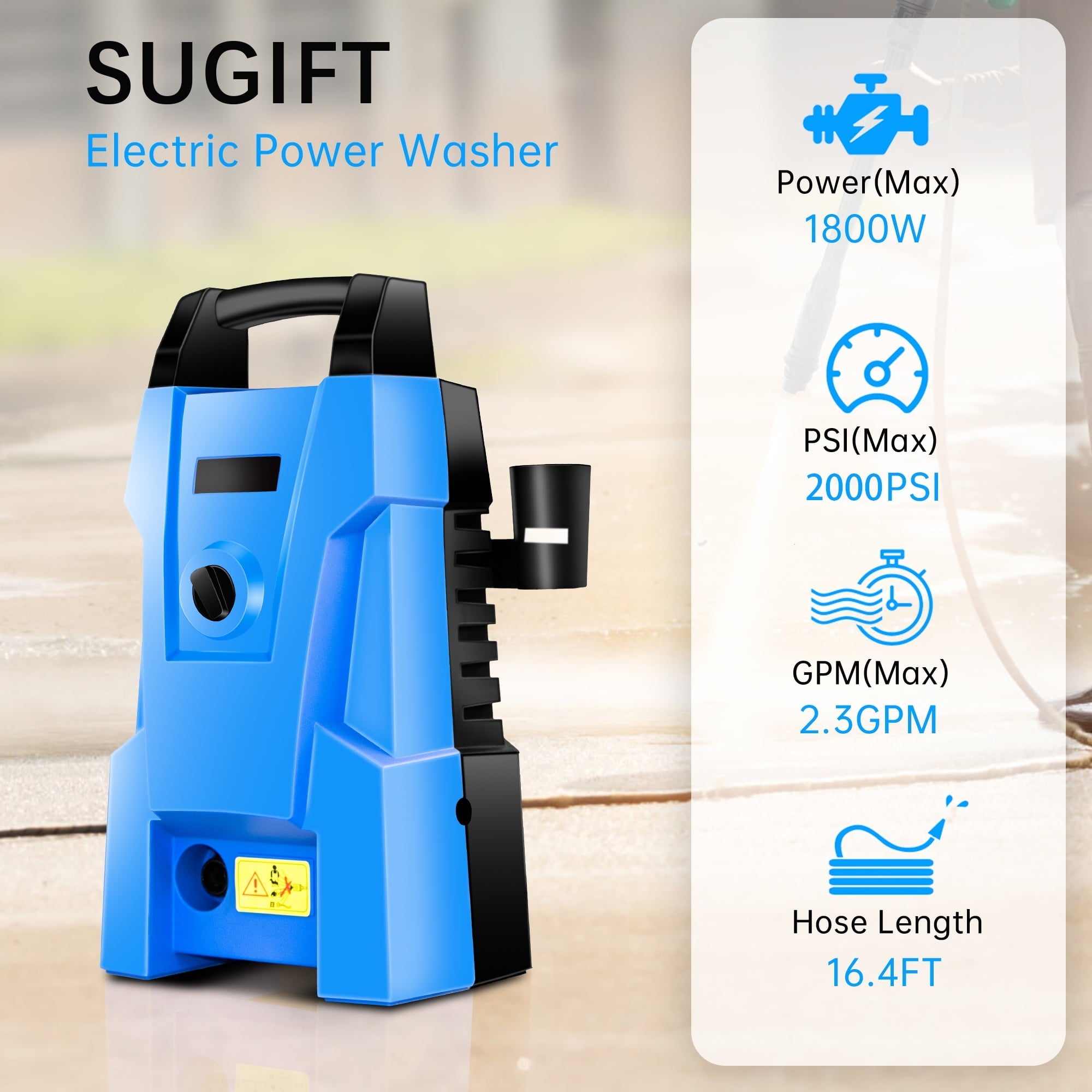 SUGIFT 2000-PSI 2.3-GPM Electric Pressure Washer 1800W High Pressure Washer Cleaner Machine