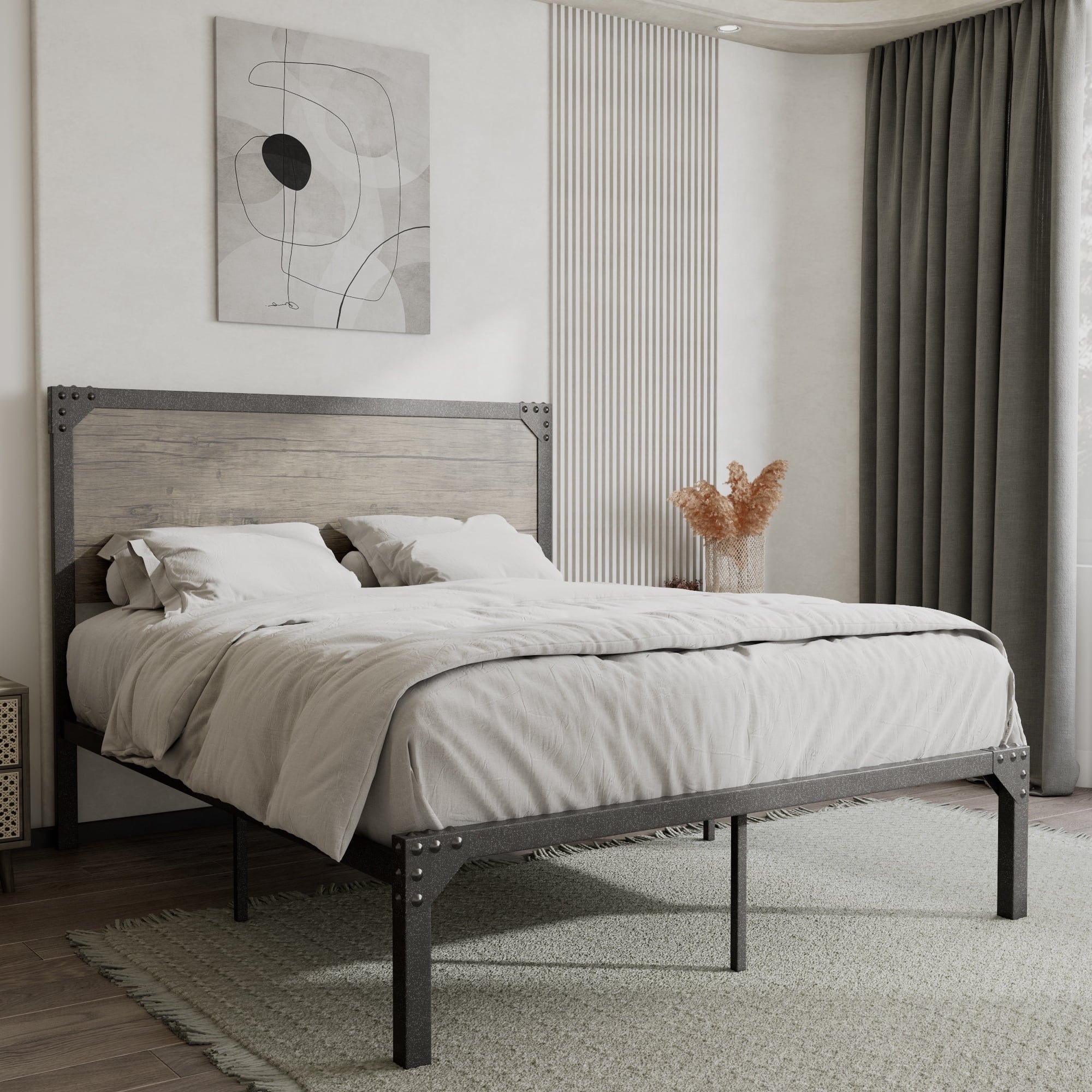 Allewie Queen Size Industrial Metal Platform Bed Frame with Wooden Rivet Headboard, Brown