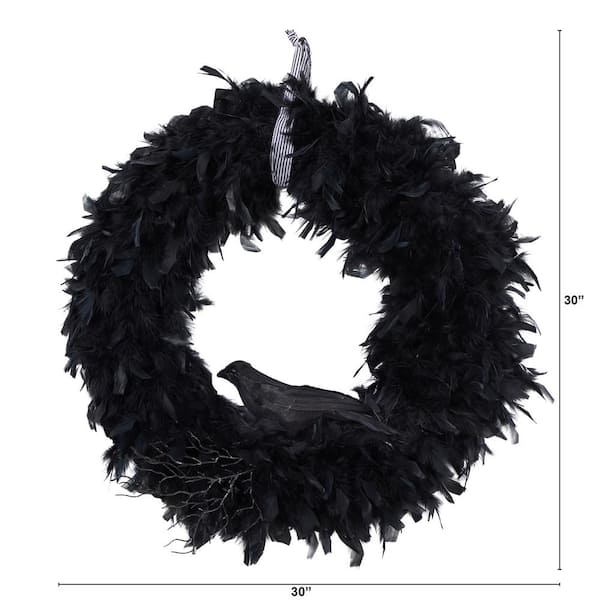 30 in. Black Raven Feather Halloween Wreath