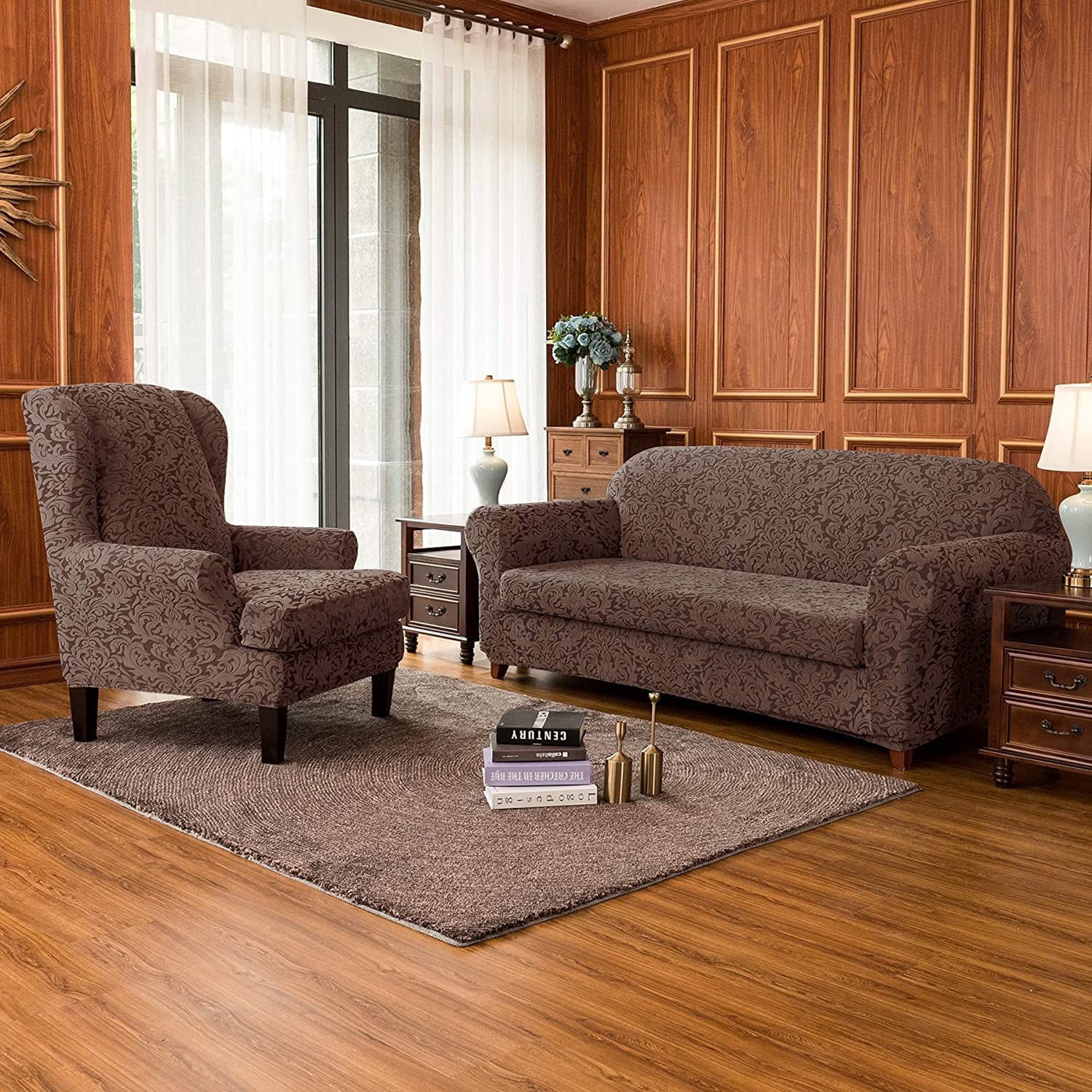 Subtrex Stretch 2-Piece Jacquard Damask Armchair Slipcover, Brown