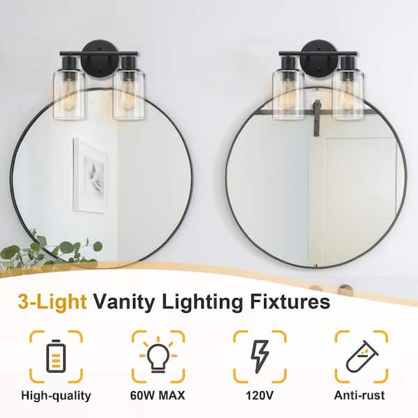 10.44 in. 2-Light Matte Black Bathroom Vanity Light with Clear Glass Shades