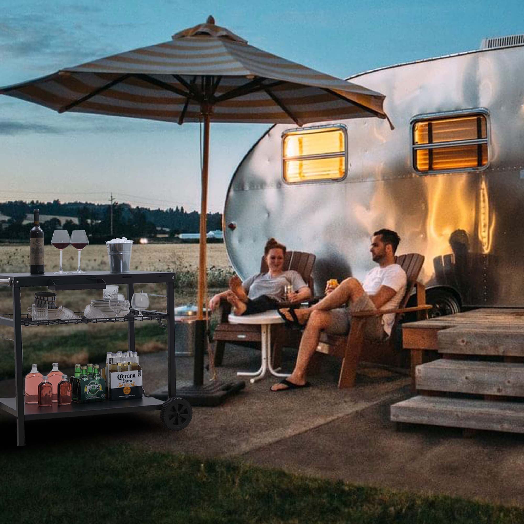 Grill Cart, Pizza Oven Stand, Outdoor bbq Prep Station with Storage, Wheel, Hook, Handle, Black Steel Tabletop, Garbage Bag Holder, Paper Towel Holder, Movable Spice Rack