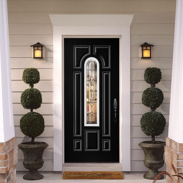 36 in. x 80 in. Providence Center Arch Jet Black Left Hand Inswing Painted Steel Prehung Front Door with Brickmold