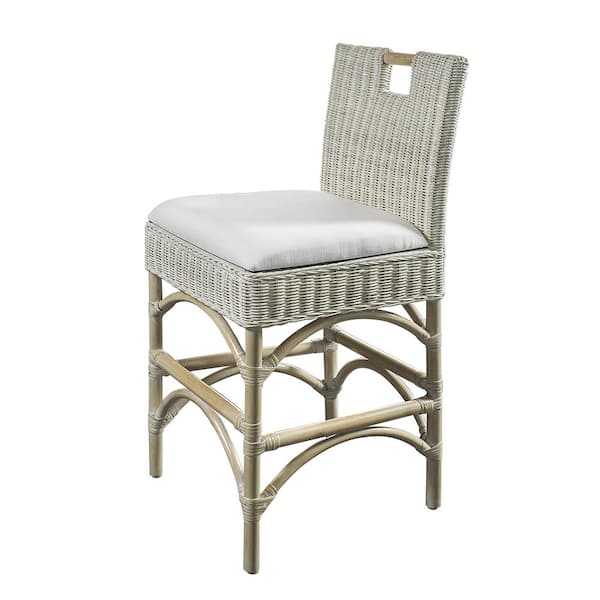 Malio 35.83 in. Whitewash Full Back Rattan Frame Counter Height (24-27 in.) Counter Stool with Fabric Seat