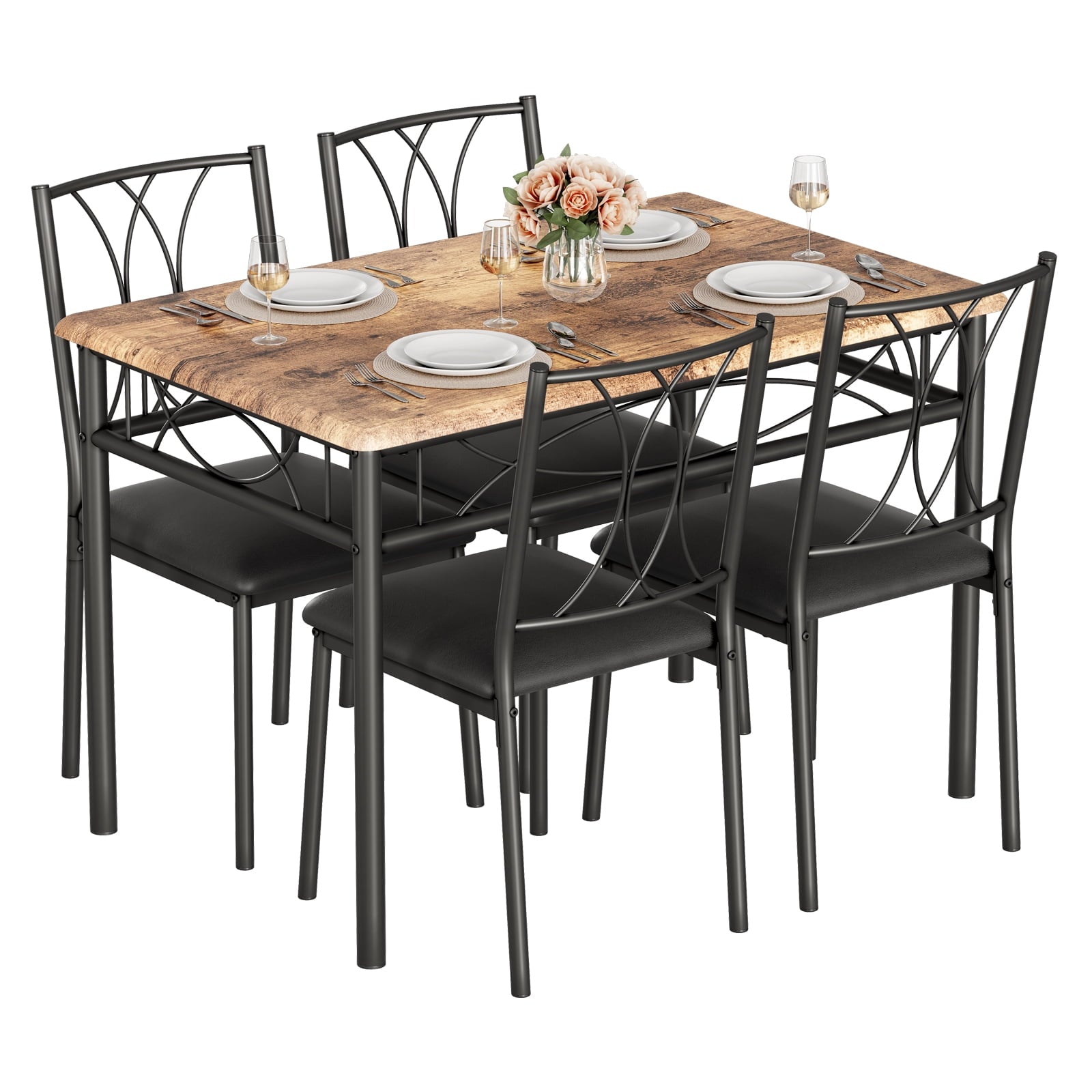 Yesfashion 5 Piece Kitchen Table Set, Metal and Wood Rectangular Dining Room Table Set with 4 Upholstered Chairs