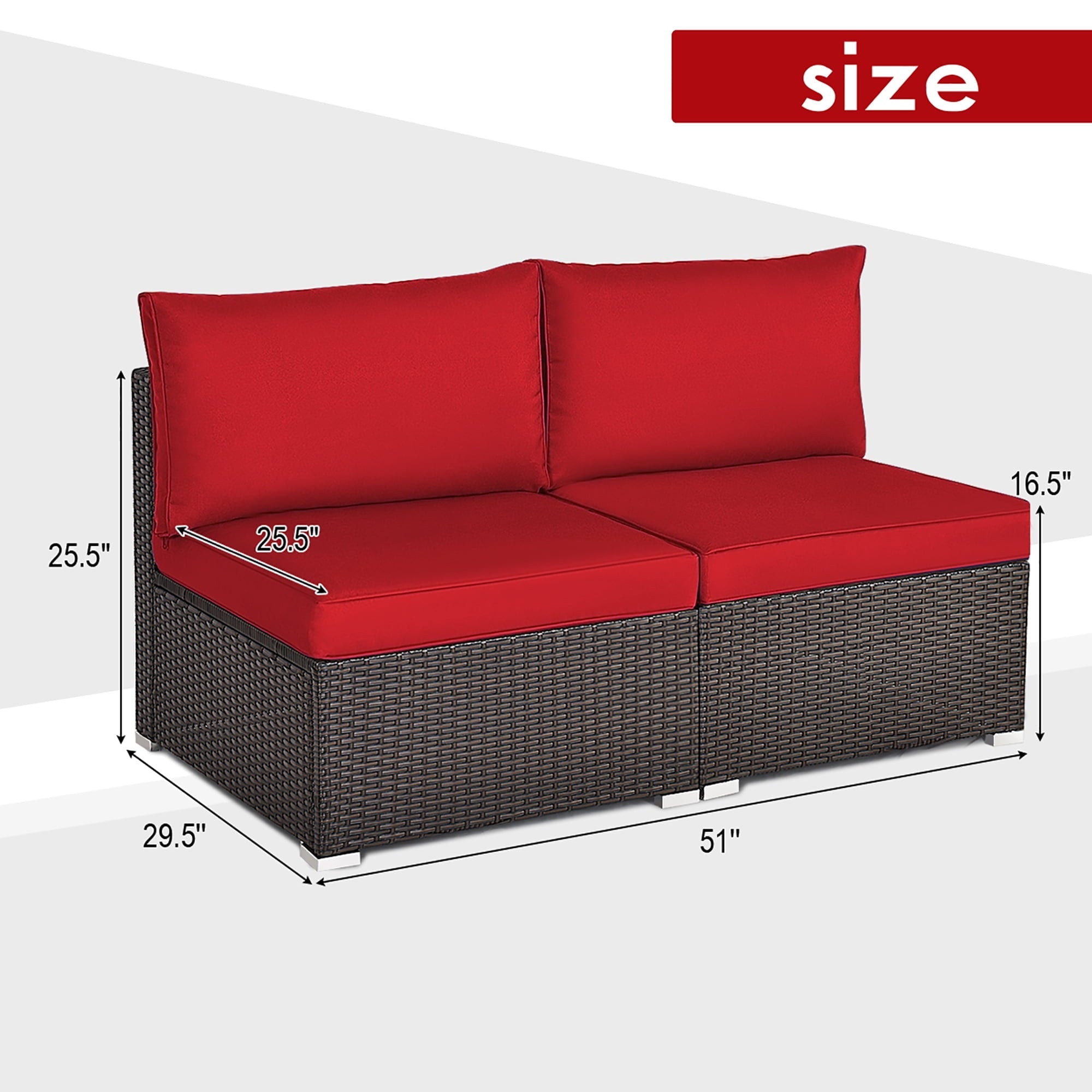 Costway 2PCS Patio Rattan Armless Sofa Sectional Conversation Furniture Set  W/Cushion Red