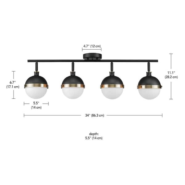 Bari 2.8 ft. 4-Lights Matte Black Fixed Track Lighting Kit with Brass Accents and Frosted Glass Shades, Bulbs Included