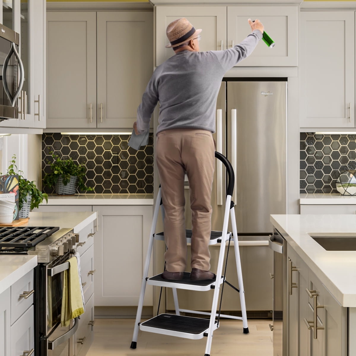 KingSo 3 Step Ladder, Folding Stool with Steel Wide Anti-Slip Pedal and Handgrip