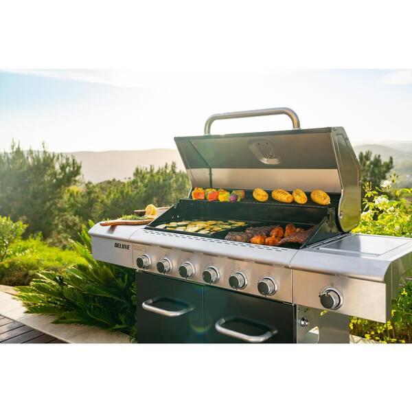 Deluxe 6-Burner Natural Gas Grill in Black with Ceramic Searing Side Burner and Gourmet Plus Cooking System