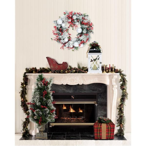 24 in. Artificial Christmas Wreath with Lightly Frosted Tree, Pre-Lit Lantern, Sleight and Gift Box