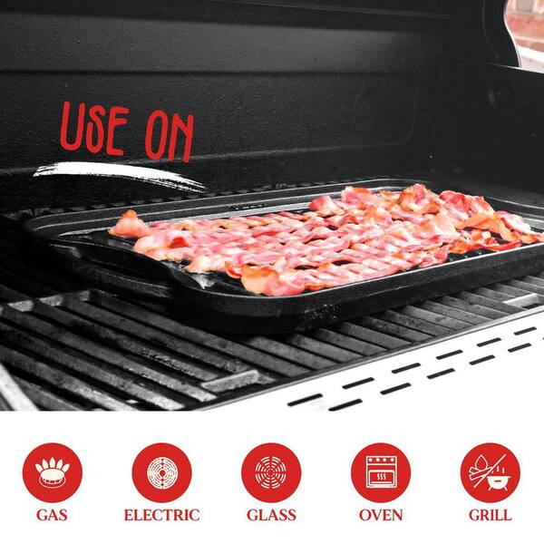 19.96 in. Kitchen Flat Grill Plate Pan Reversible Cast Iron Griddle Classic Flat Grill Pan Design with Scraper
