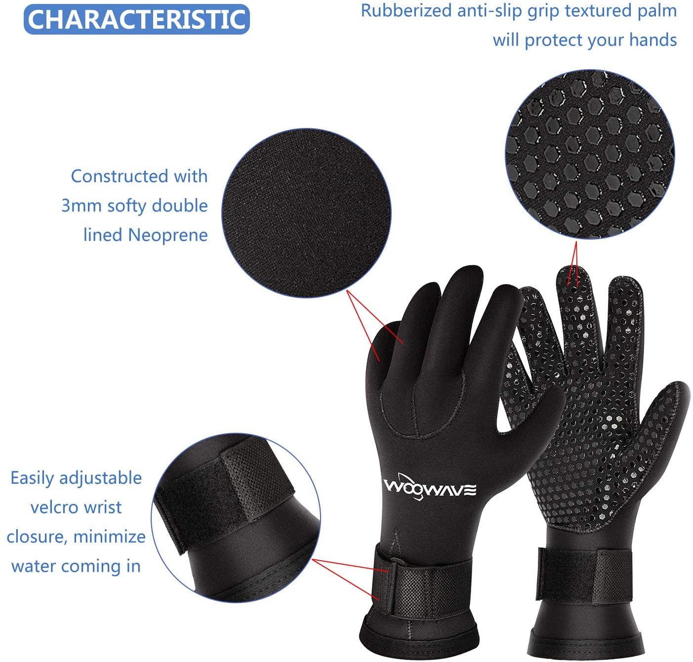 WOOWAVE Diving Gloves 3mm Unisex Black Neoprene Gloves , S