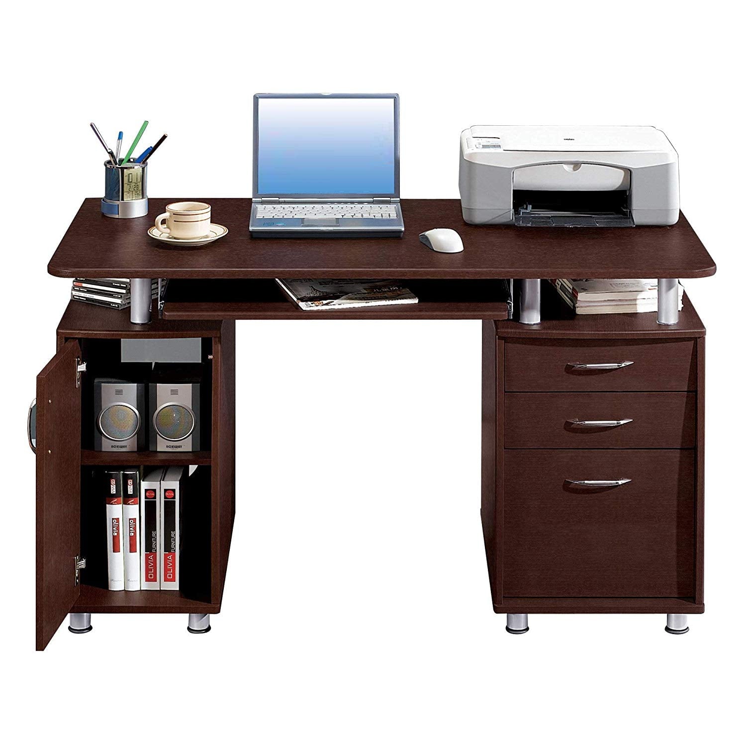 Ktaxon Brown Computer PC Desk Home Office Study Writing Table 3 Drawers Bookcase
