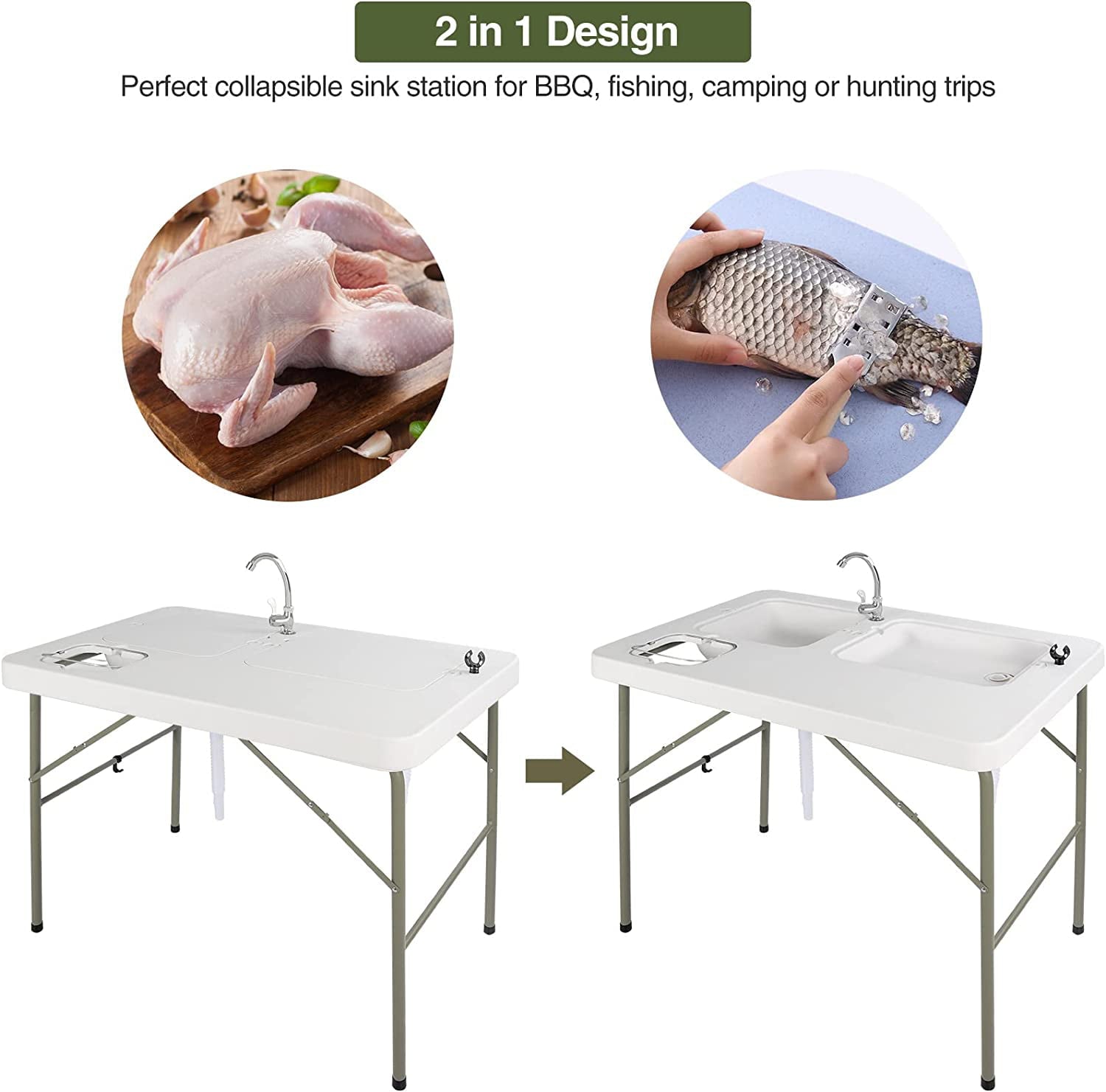Folding Fish Cleaning Table, Outdoor Camping Sink Station with Sink & Faucet Drainage Hoses, Portable Camping Sink Table for Beach Fishing Patio Picnic