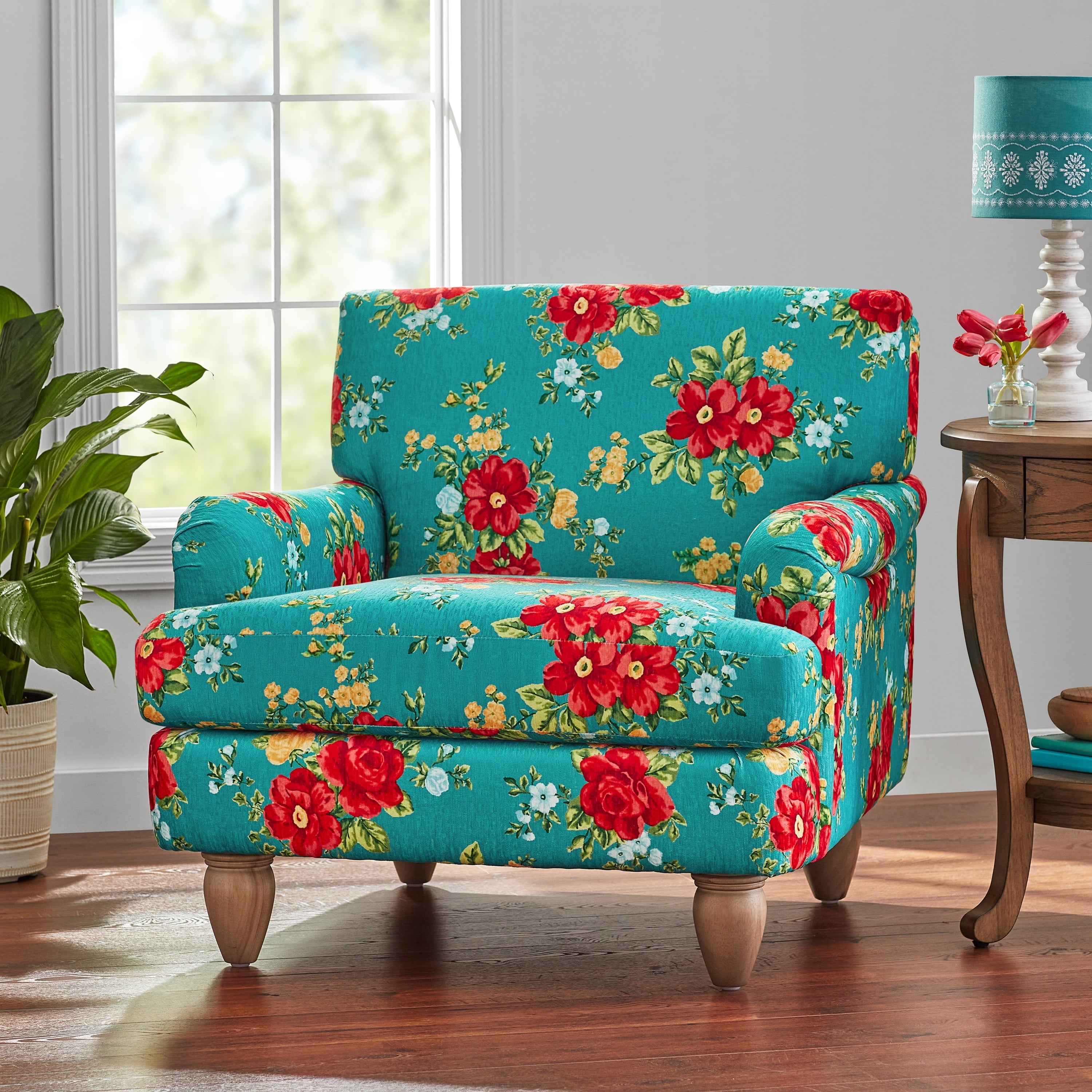 The Pioneer Woman Vintage Floral Low Back Fabric Accent Chair, Teal