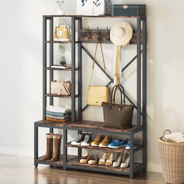 Hiers Brown Wood 4-in-1 5-Hooks Entryway Hall Tree Side Storage Shelves Shoe Bench 47.2 in. L x 15.7 in. W x 70.9 in. H