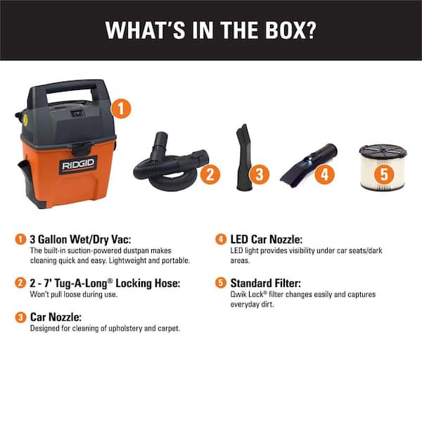 3 Gallon 3.5 Peak HP Portable Wet/Dry Shop Vacuum with Built in Dust Pan, Filter, Expandable Hose and LED Car Nozzle