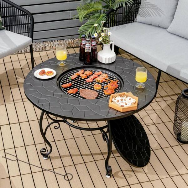 35.5 in. Black Metal Patio Outdoor Wood Burning Fire Pit Table Multifunctional Dining Table with Cooking BBQ Grate