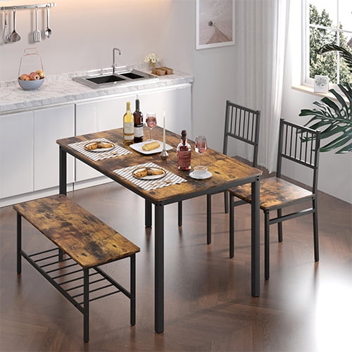 Dining Table Set, 4 Piece Dining Room Table Set for Small Spaces, Kitchen Table with 2 Chairs and a Long Bench, Space-Saving Table Set for Kitchen, Dining Room, Restaurant - Easy to Assemble