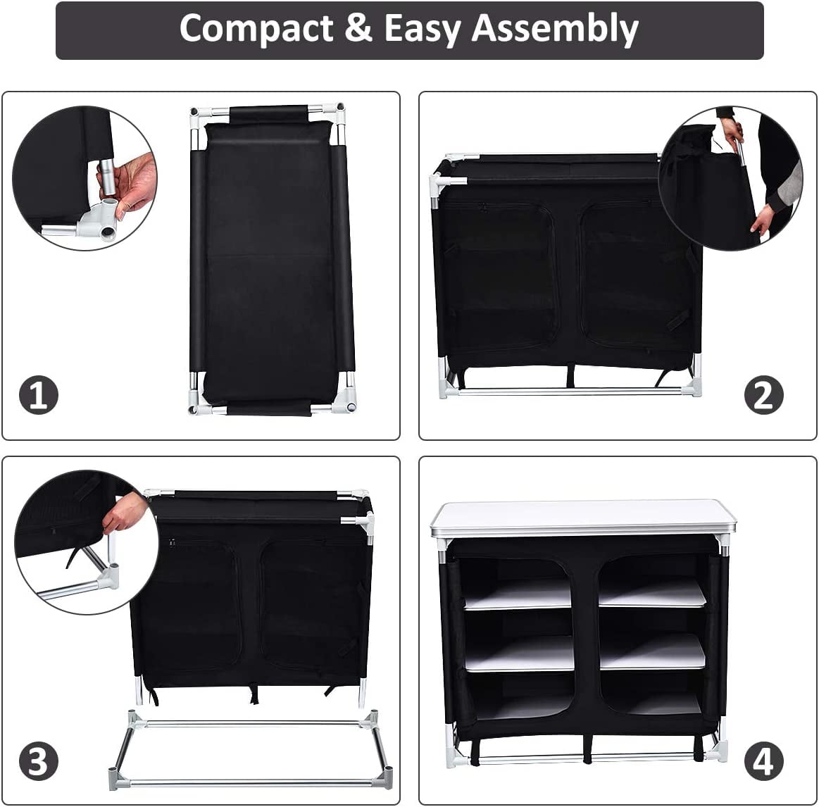 Cook Table Kitchen Station with Storage Organizer and Carrying Bag, for BBQ Party, Picnics, Backyards, Tailgating, Portable, Black