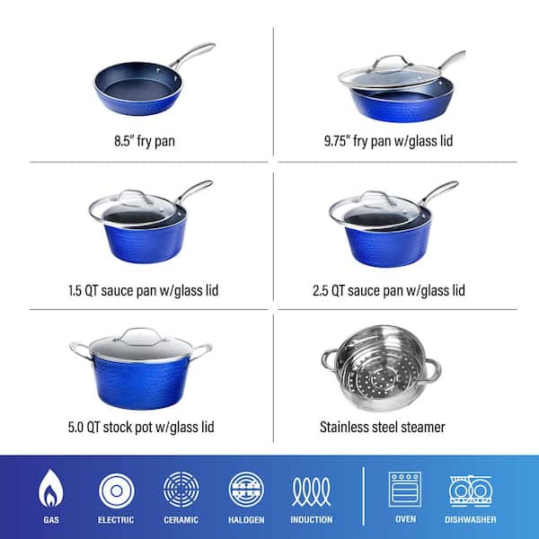 10-Piece Aluminum Hammered Ultra-Durable Non-Stick Diamond Infused Cookware Set in Classic Blue