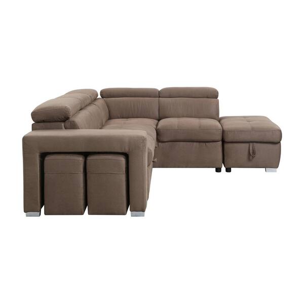 Acoose 103 in. W Fabric Sleeper Sectional Sofa in Brown with 2 Pullout Stools