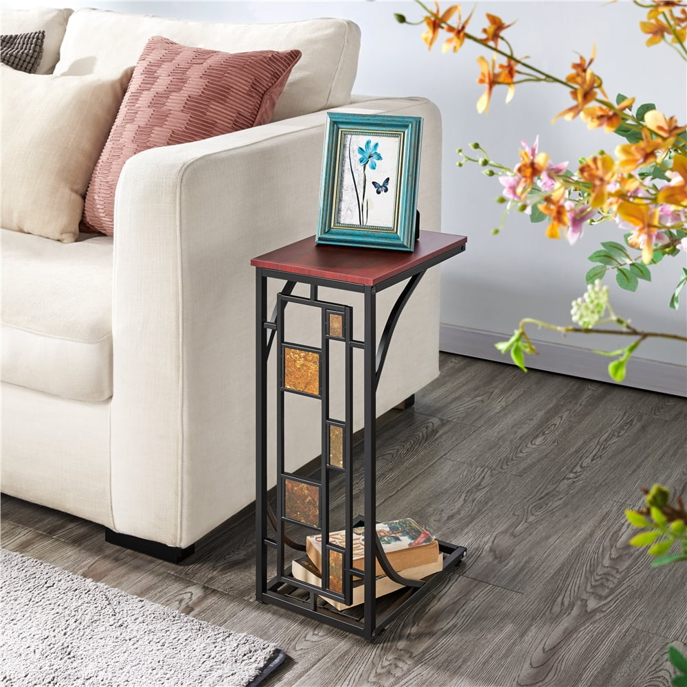 Easyfashion Traditional C Shaped Wood and Metal End Table, Brown/Black