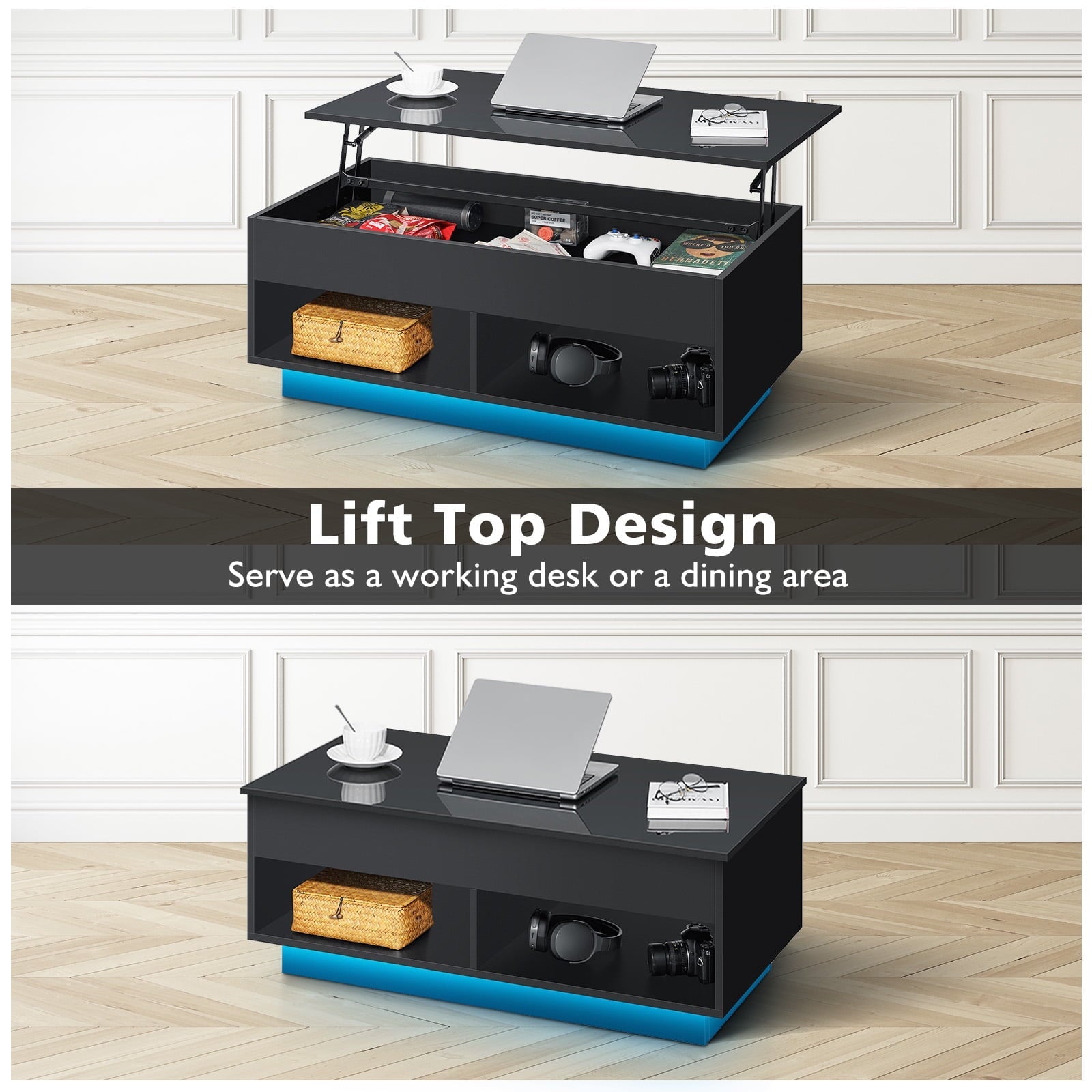 Hommpa Lift Top Coffee Table with Hidden Compartment High Gloss LED Coffee Tables Center Rising Cocktail Table for Living Room Accent Furniture Black Finish